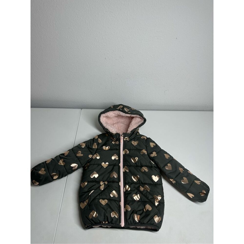 Carter's Puffer Coat Gold Hearts Print Size 4T Brown Pink See Description